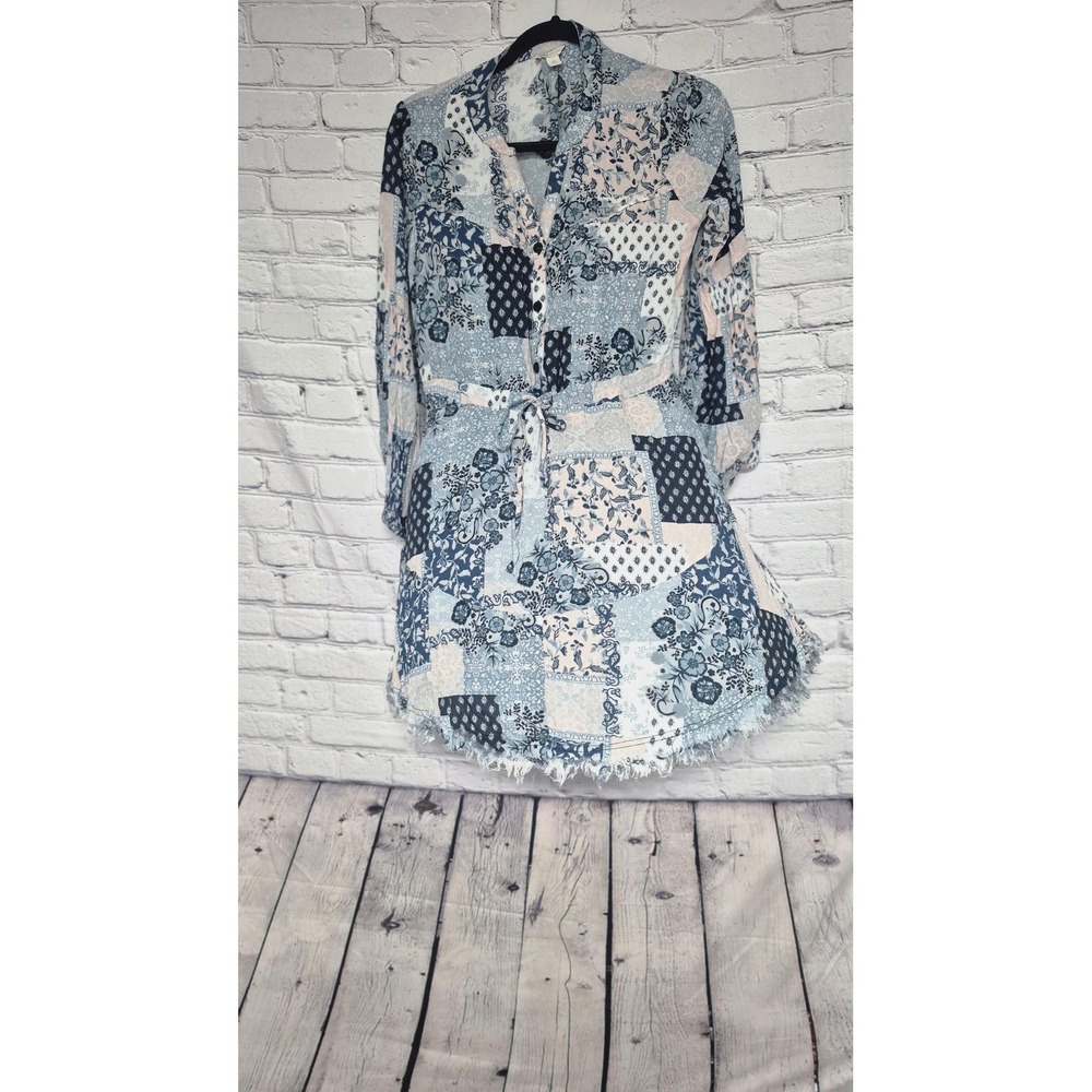 Cato Womens Western Boho Patchwork Shirt Dress Blue Floral Paisley Frayed Hem M - Picture 8 of 8